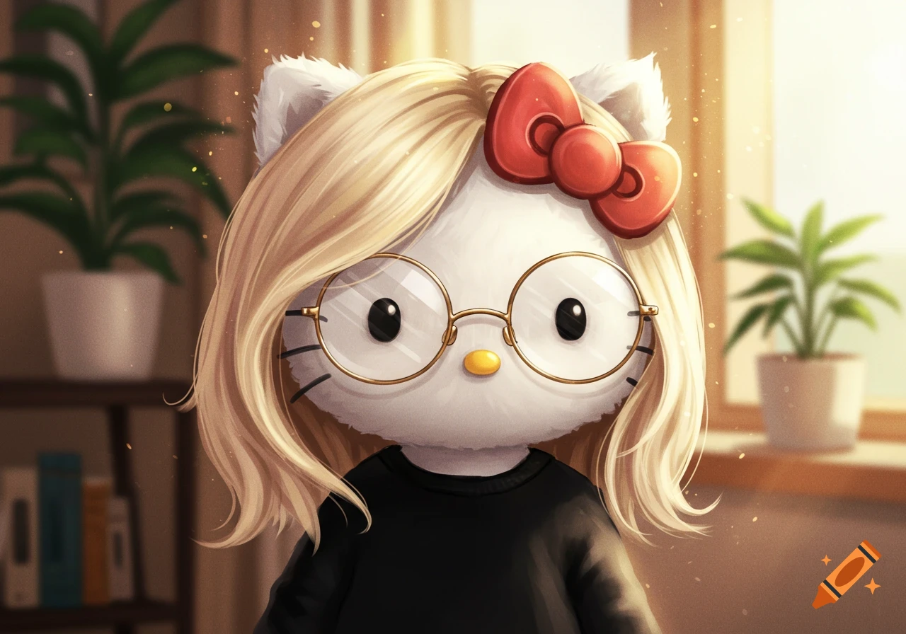 Close-up of Hello Kitty with blonde hair, a red bow, round glasses, and a black sweatshirt, in a bright, warm room.