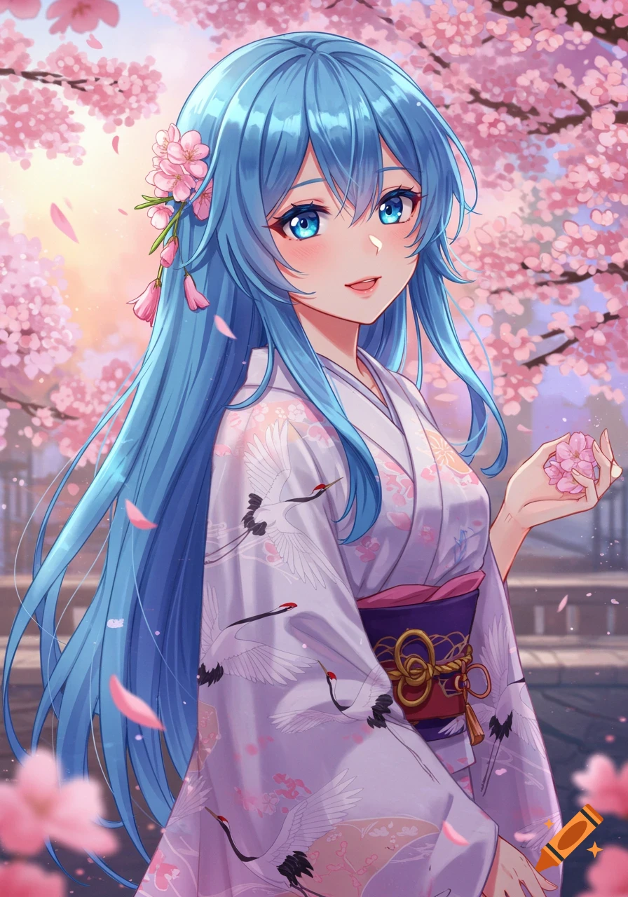 An anime girl with long blue hair and blue eyes, wearing a white kimono with crane patterns, stands among pink cherry blossoms.