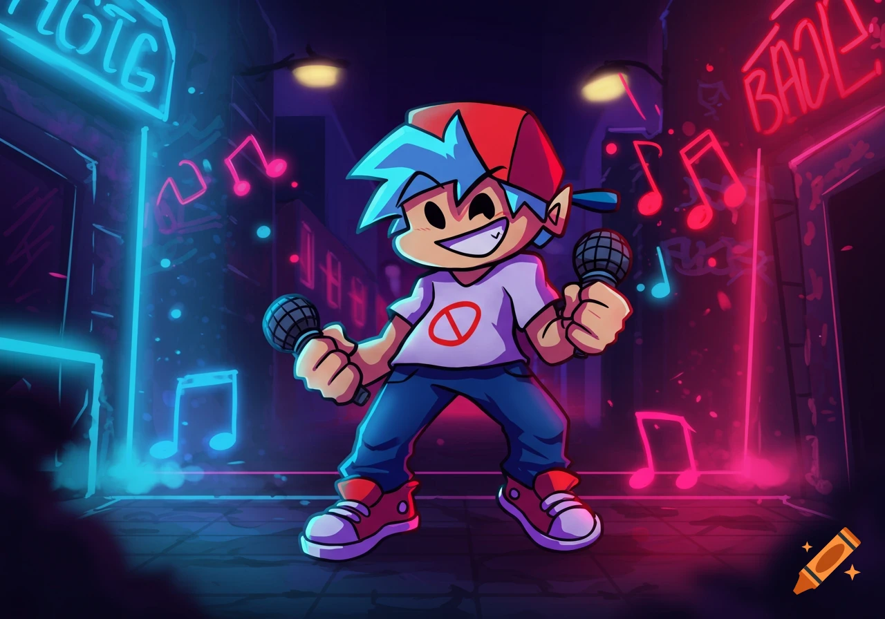 A cartoon character resembling Boyfriend from Friday Night Funkin' smiles, holding two microphones in a vibrant, neon-lit city street at night.