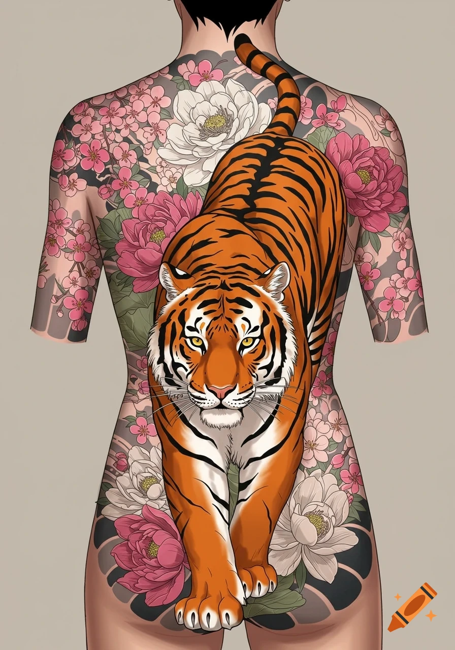 Stylized full back tattoo of an orange tiger among pink cherry blossoms and white peonies on a person's back.
