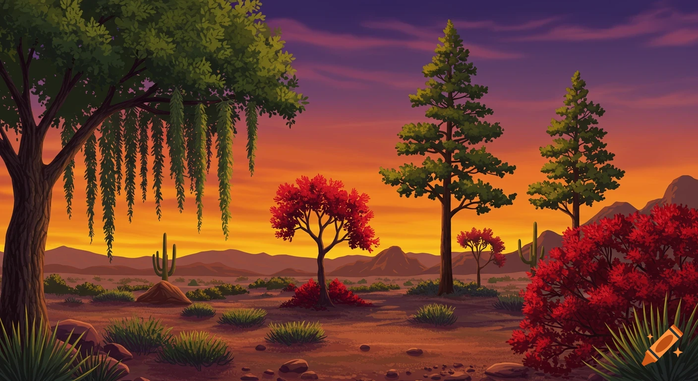 A vibrant, stylized desert landscape at sunset, featuring green trees, red-leafed trees, cacti, and shrubs against a purple and orange sky.