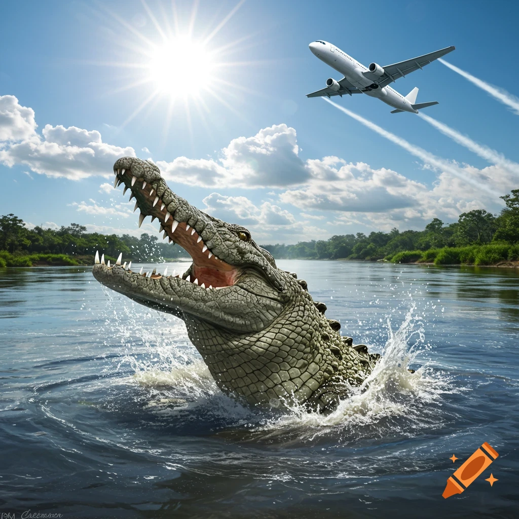 A massive crocodile lunges from a river with jaws wide open, as a passenger airplane flies high in a sunny, blue sky.