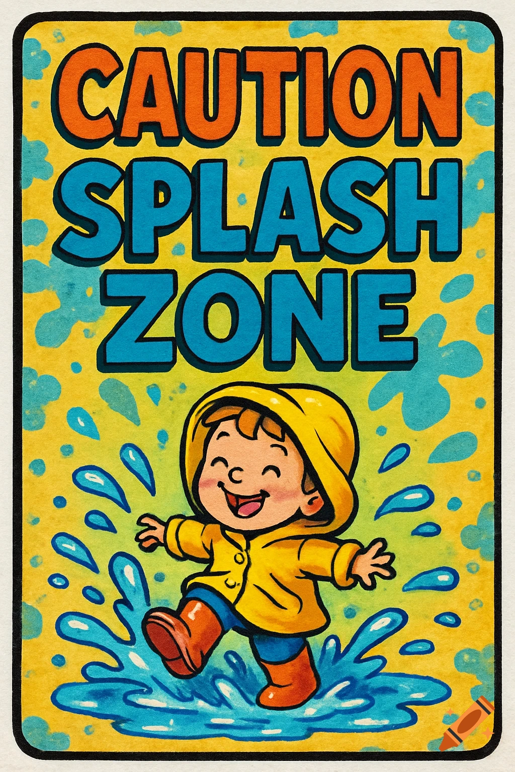A colorful cartoon sign reads "CAUTION SPLASH ZONE" with a happy child in a yellow raincoat and orange boots splashing in a puddle.