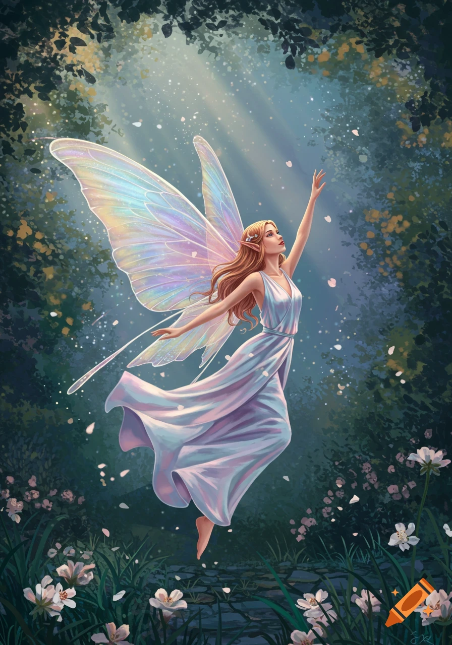 An ethereal fairy with iridescent wings and a flowing white dress reaches upwards in an enchanted forest bathed in soft light, digital art.
