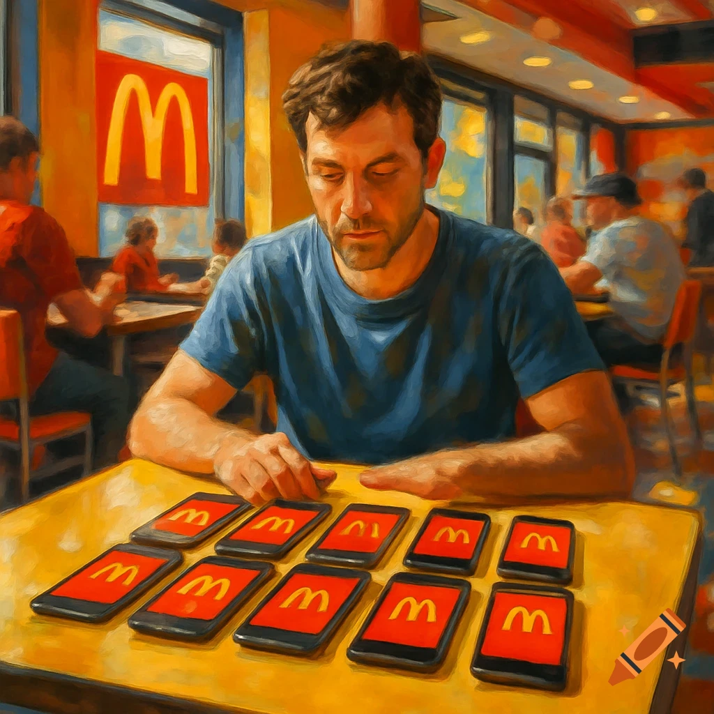 A man sits at a McDonald's table, looking at multiple smartphones displaying the McDonald's logo, in a painterly style.