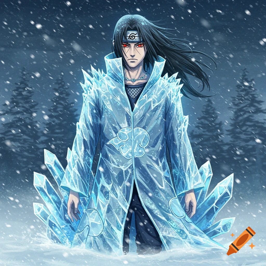 Anime character Itachi Uchiha in a dark cloak covered in sharp blue ice shards stands in a snowy forest.