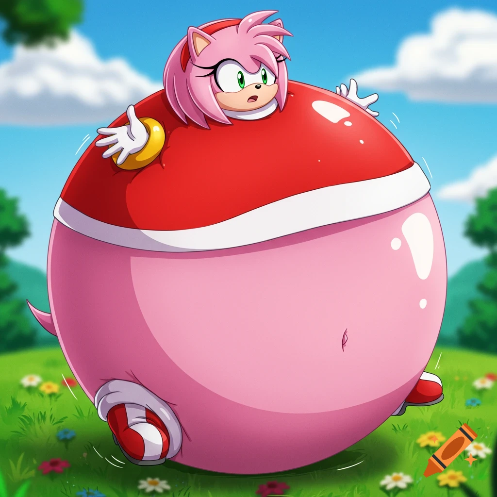 Amy Rose from Sonic the Hedgehog is inflated like a large pink balloon in a grassy field, cartoon style.