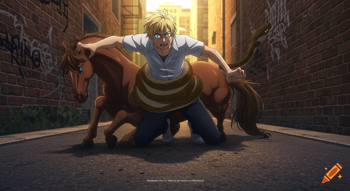 A blue-eyed blond centaur struggling against a boa constrictor coiled around its waist in a city alley at sunset, in anime style.