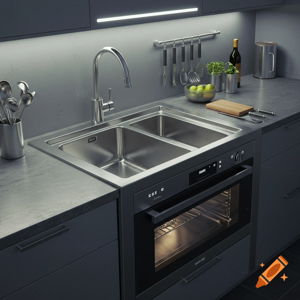 A modern, dimly lit kitchen features a double stainless steel sink integrated into a dark gray countertop, with a sleek oven below. Various utensils, green fruit, and a wine bottle are on the counter.