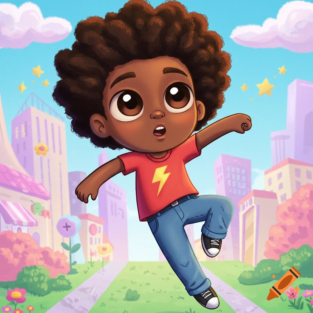 A cute cartoon Black boy with an afro in a red lightning bolt shirt and jeans, running through a colorful city park.