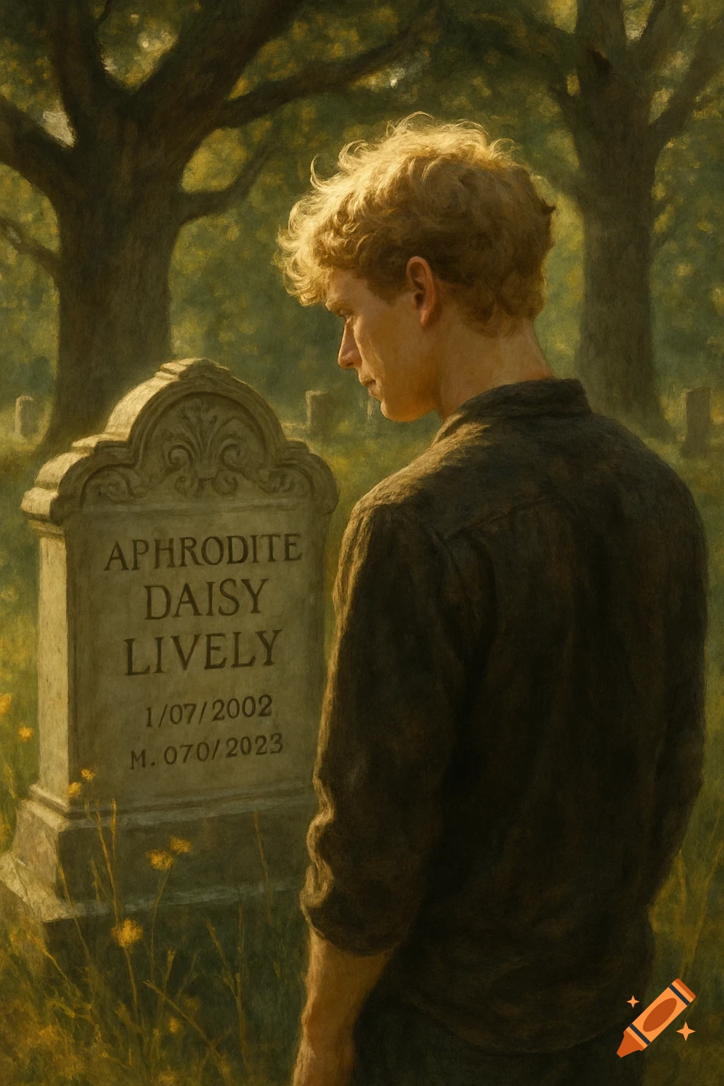 A young man with blonde curly hair stands with his back to the viewer, looking down at a gravestone in a sunny cemetery.
