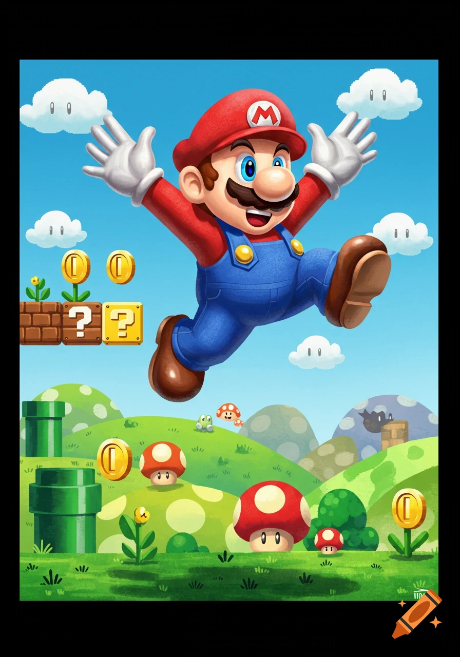 Cartoon illustration of Super Mario jumping in a vibrant video game landscape with question blocks, coins, and mushrooms.