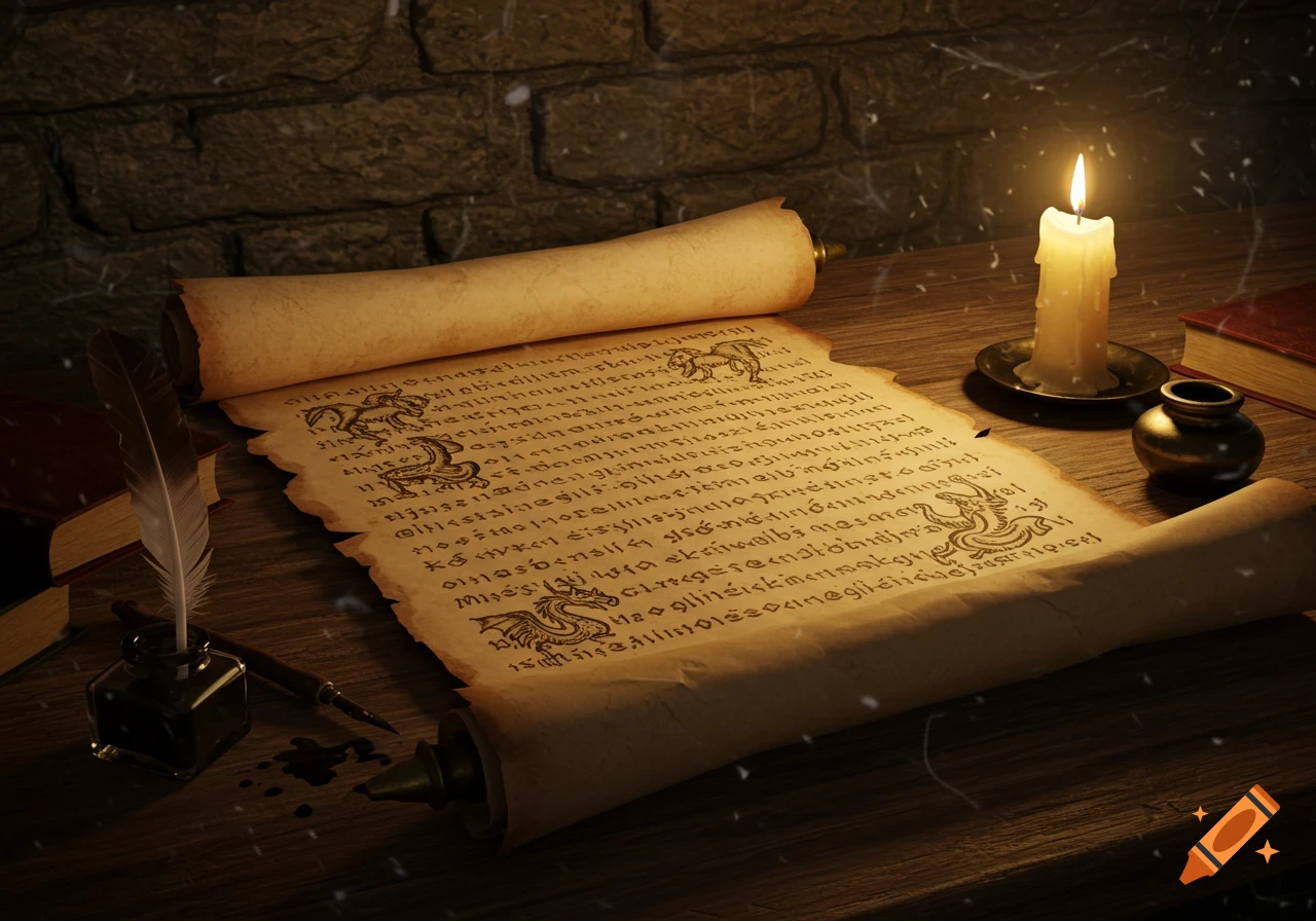 An old, unrolled scroll with illegible text and dragon illustrations lies on a wooden table, next to a burning candle, quill, inkwell, and books, in a dimly lit room with stone walls.