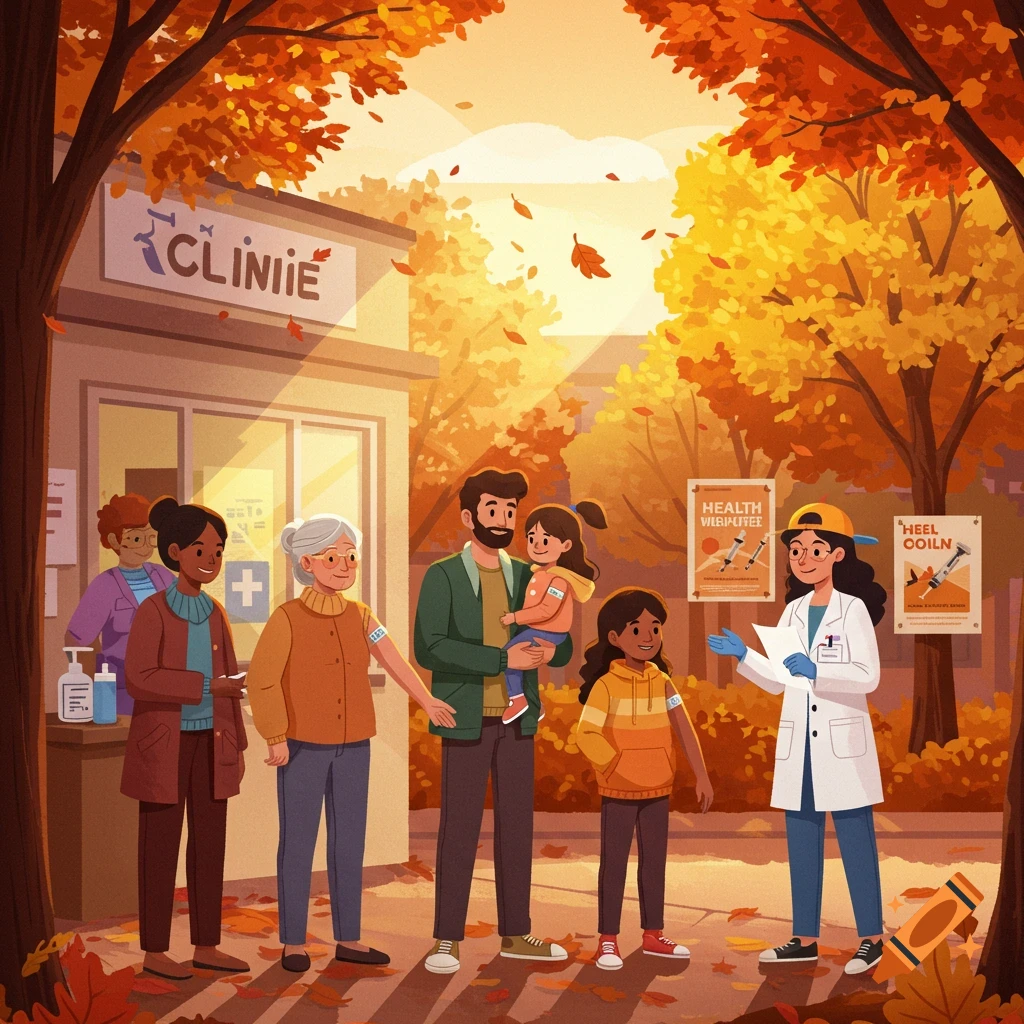 An illustration of a diverse group of people, including families and seniors, getting vaccinated outside a clinic in an autumn park.
