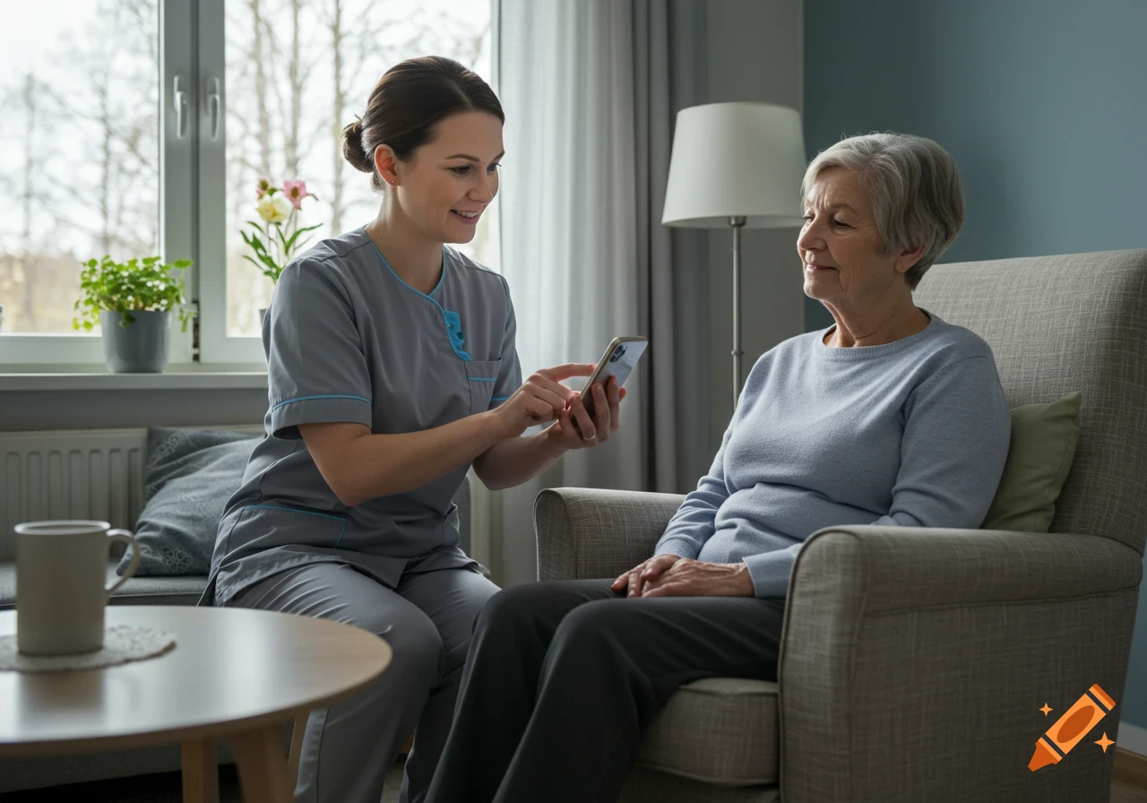 A female caregiver shows an elderly woman content on a mobile phone in a bright living room.