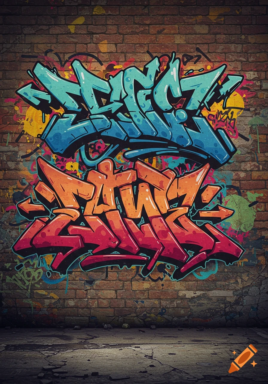 Colorful graffiti tags in blue and orange on a weathered brick wall above a cracked concrete floor.