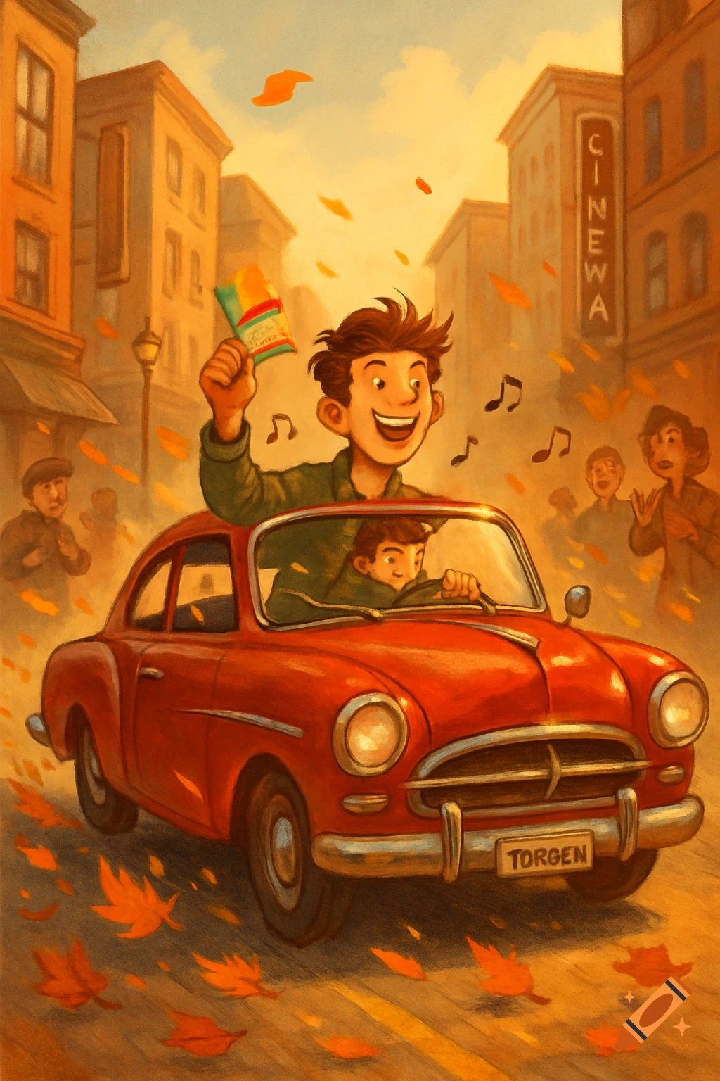 A stylized illustration of a boy joyfully standing in a red car, holding up a ticket-like item, with a smaller boy driving. Fall leaves blow around them on a city street with buildings under an orange sky.
