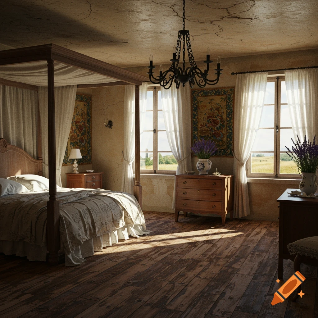 Photorealistic vintage French bedroom with a four-poster bed, wooden dresser, chandelier, and sunbeams on the floor.