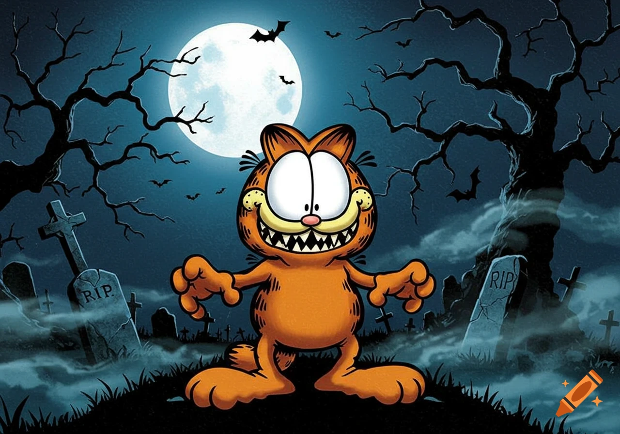 Grinning Garfield with fangs in a spooky, moonlit graveyard with bats and bare trees, cartoon style.