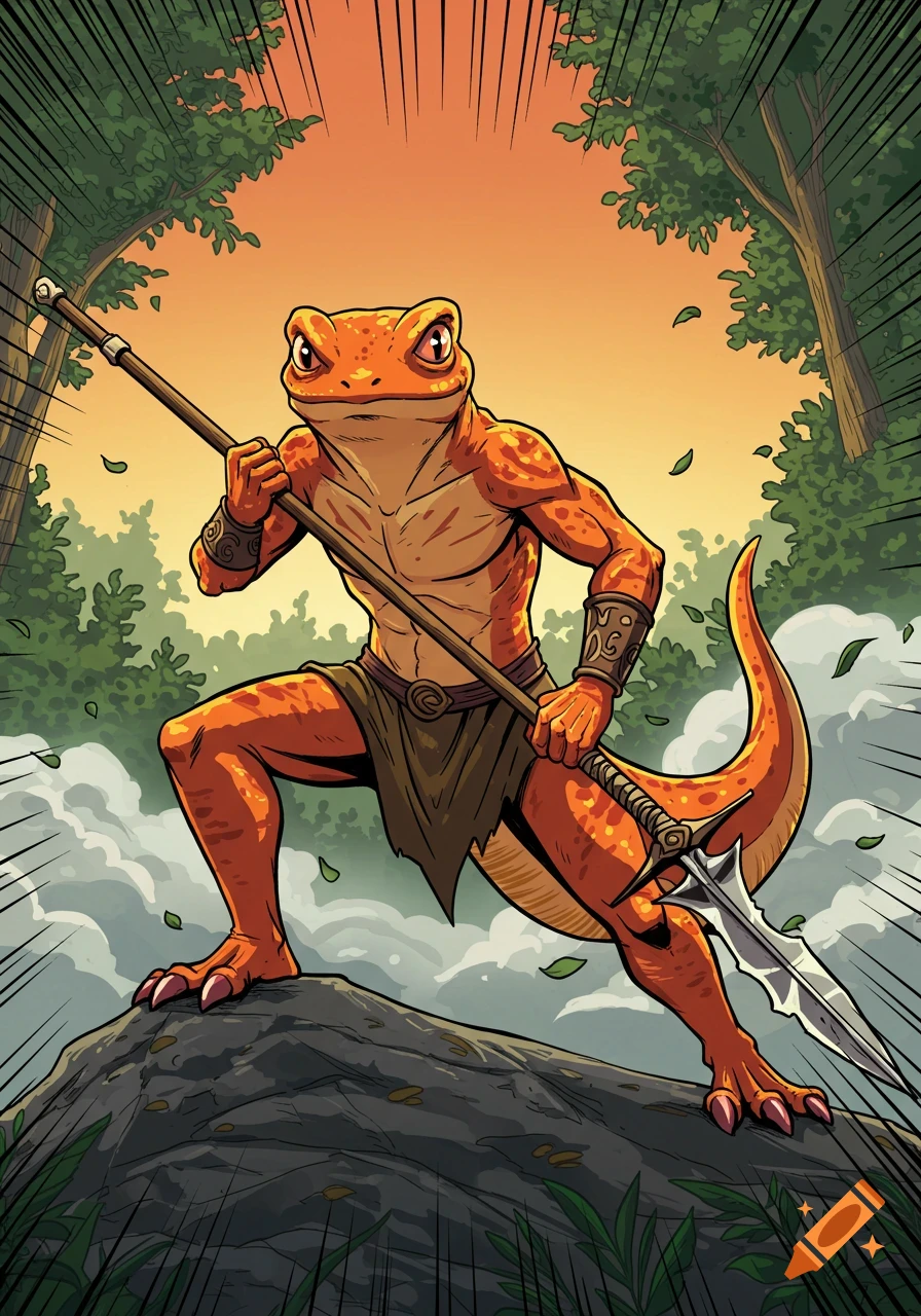 An orange anthropomorphic salamander warrior in comic style, holding a spear on a rock in a forest.