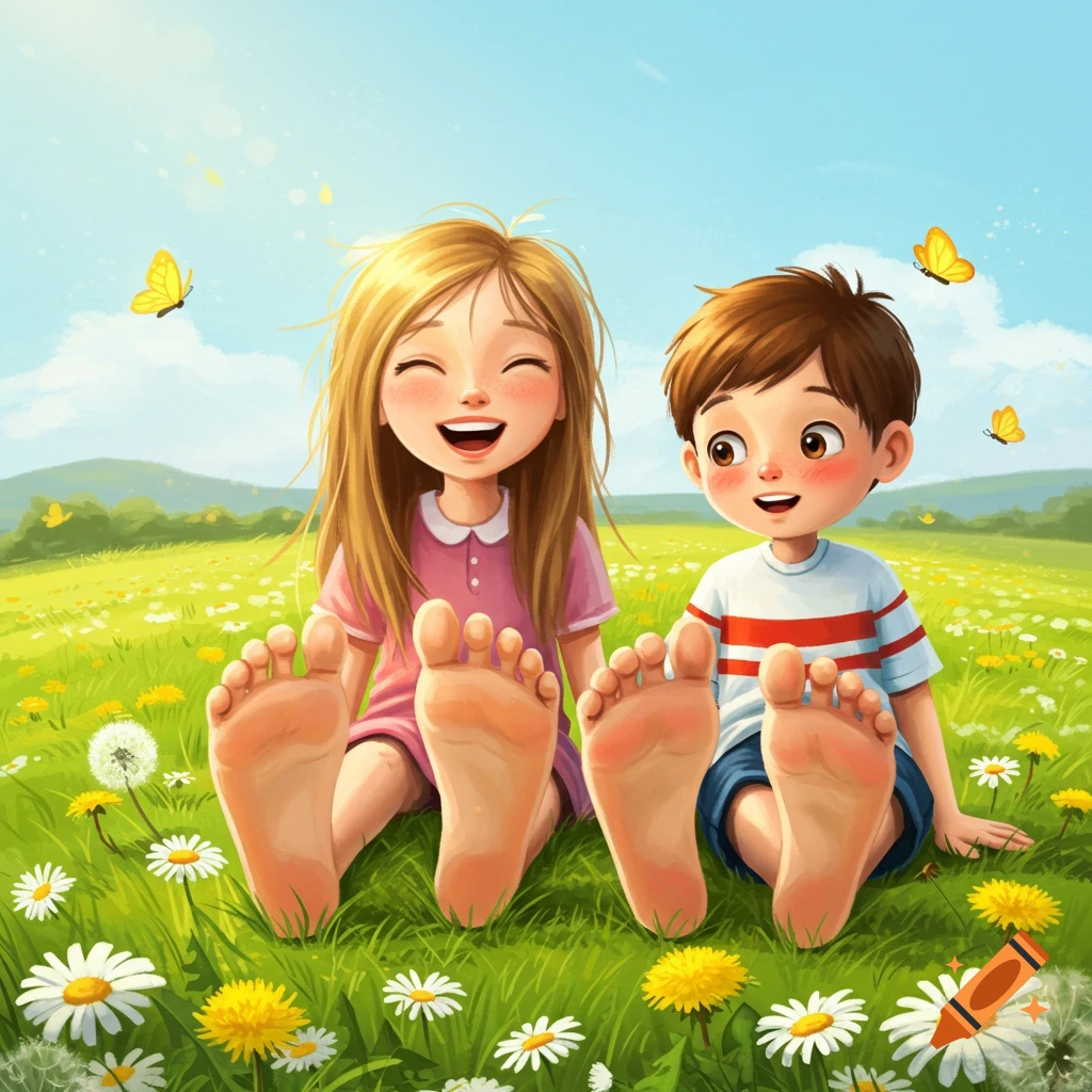 A barefoot cartoon girl laughs next to a smiling cartoon boy, sitting in a sunny field with flowers and butterflies, soles of feet showing.