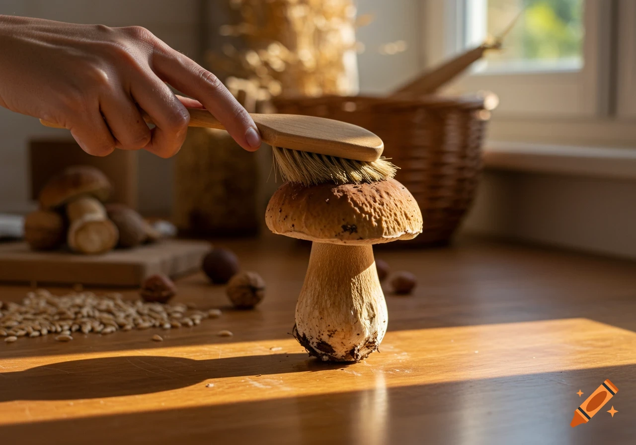 A hand cleans a fresh porcini mushroom with a brush on a wooden counter.