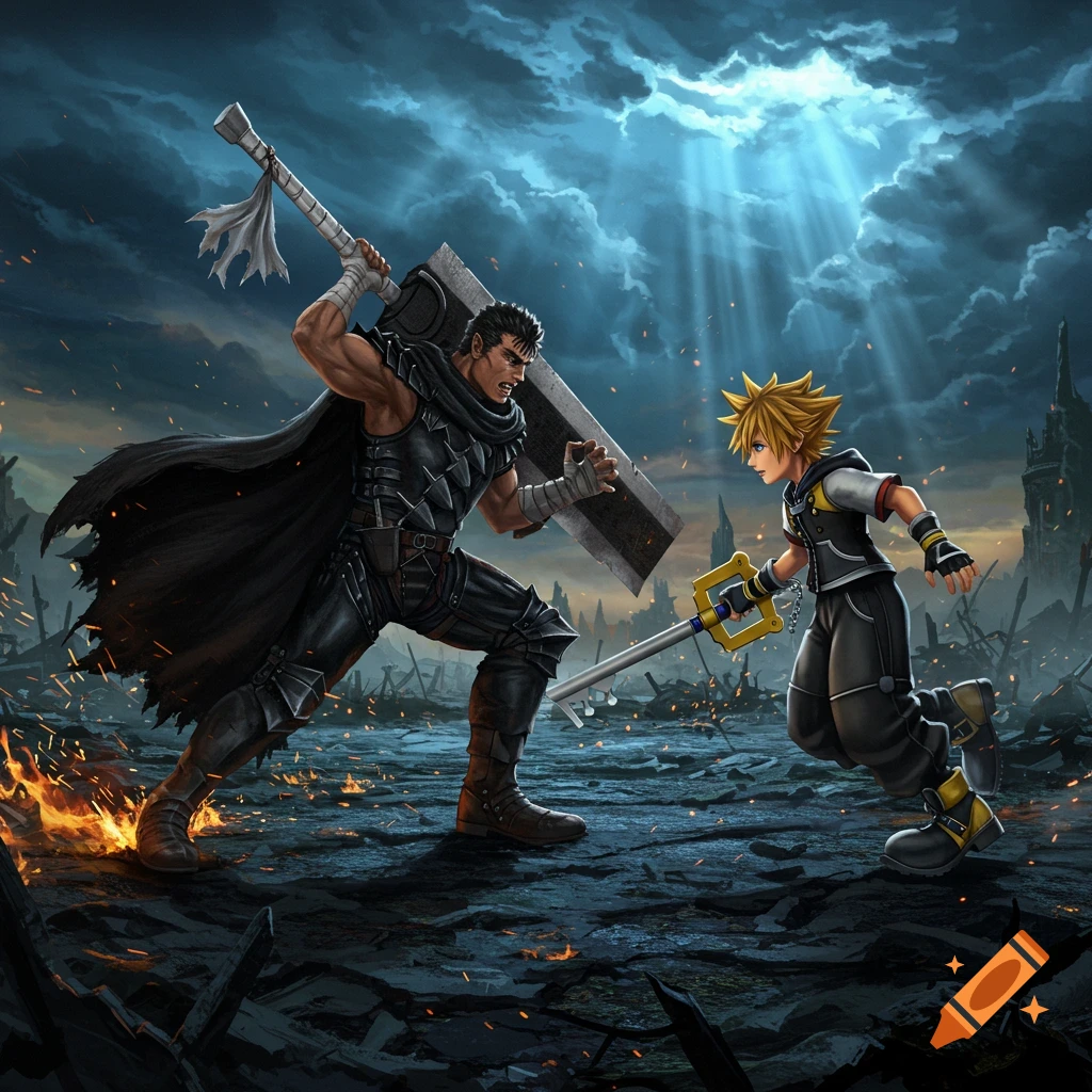 Guts from Berserk with a massive sword confronts Roxas from Kingdom Hearts with a Keyblade in a dark, ruined battleground.