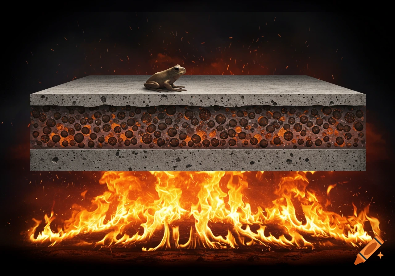 A small frog sits on a cross-section of a concrete slab with porous, glowing internal aggregates, positioned above raging flames.