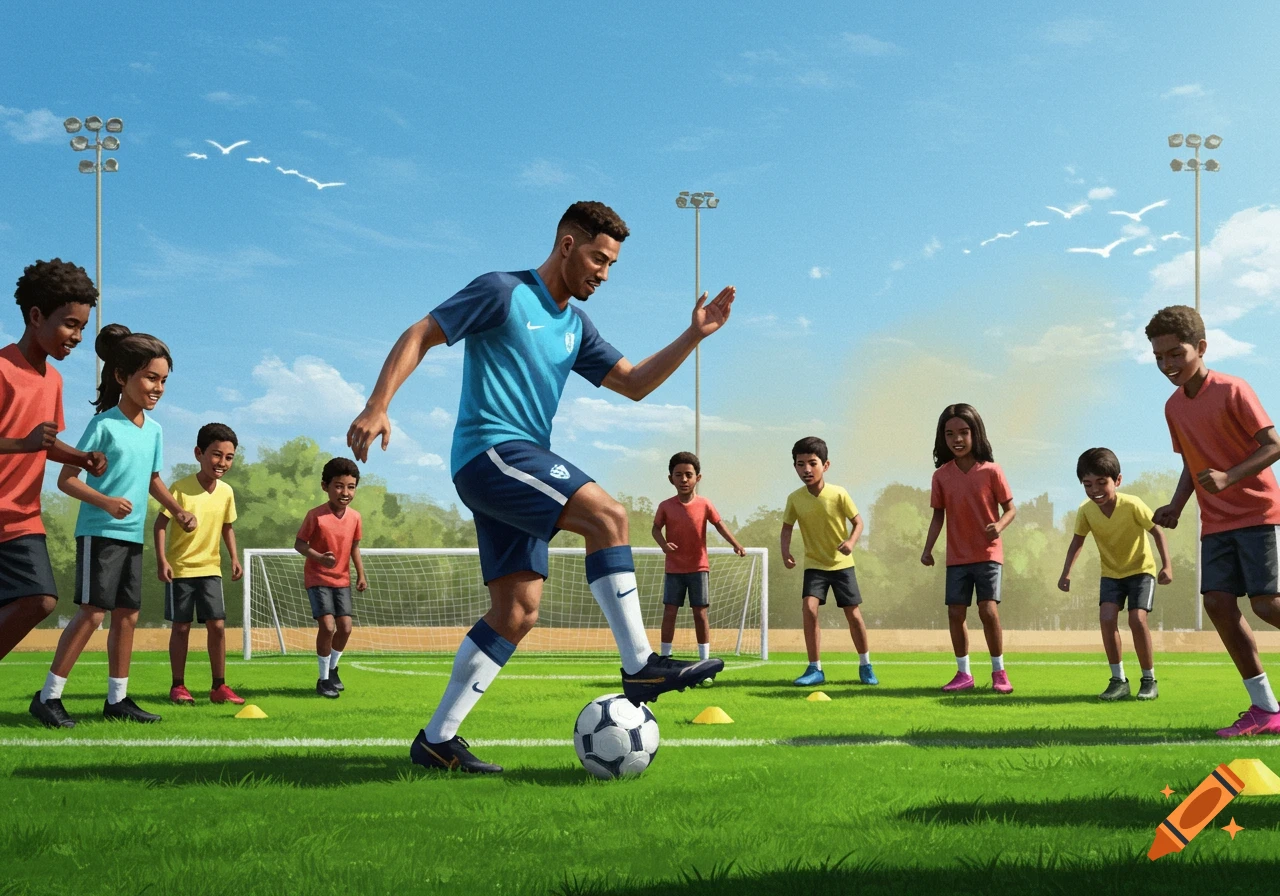 An adult soccer coach teaches a group of children how to play soccer on a sunny green field with a goal and cones.