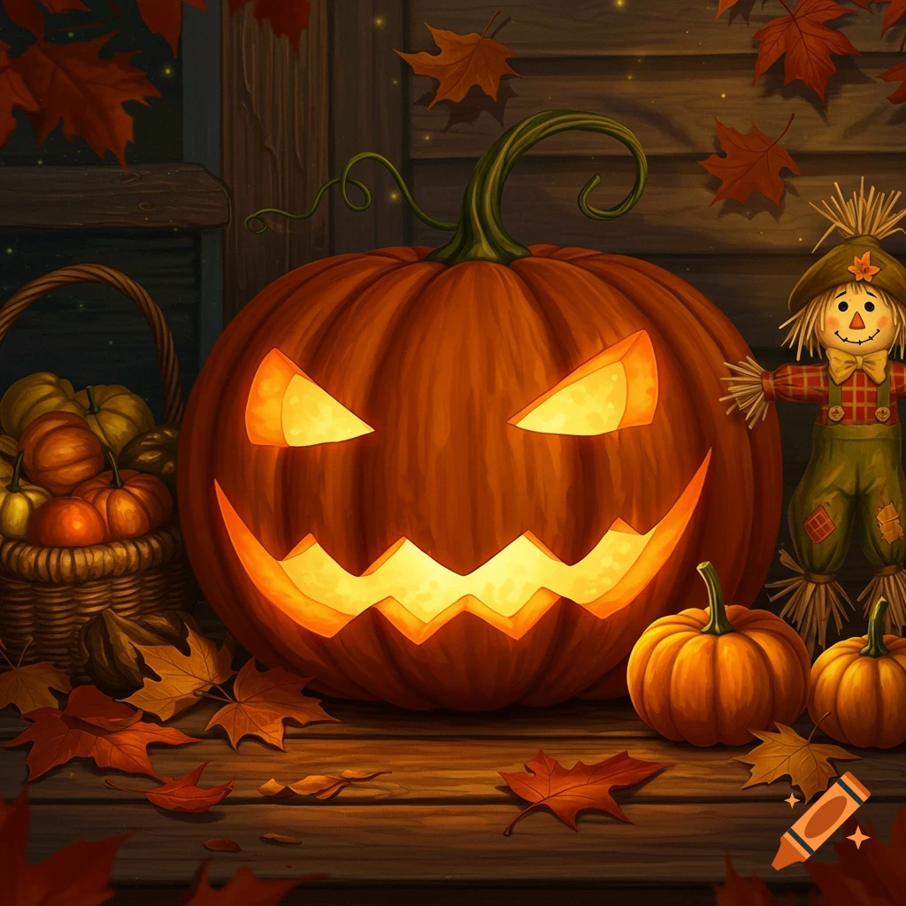 A glowing jack-o'-lantern, autumn leaves, a scarecrow, and pumpkins on a rustic wooden porch.