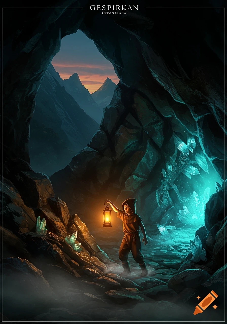 A young boy in a brown cloak with a lantern steps into a dark cave filled with glowing crystals, twilight mountains visible in a moody fantasy style.