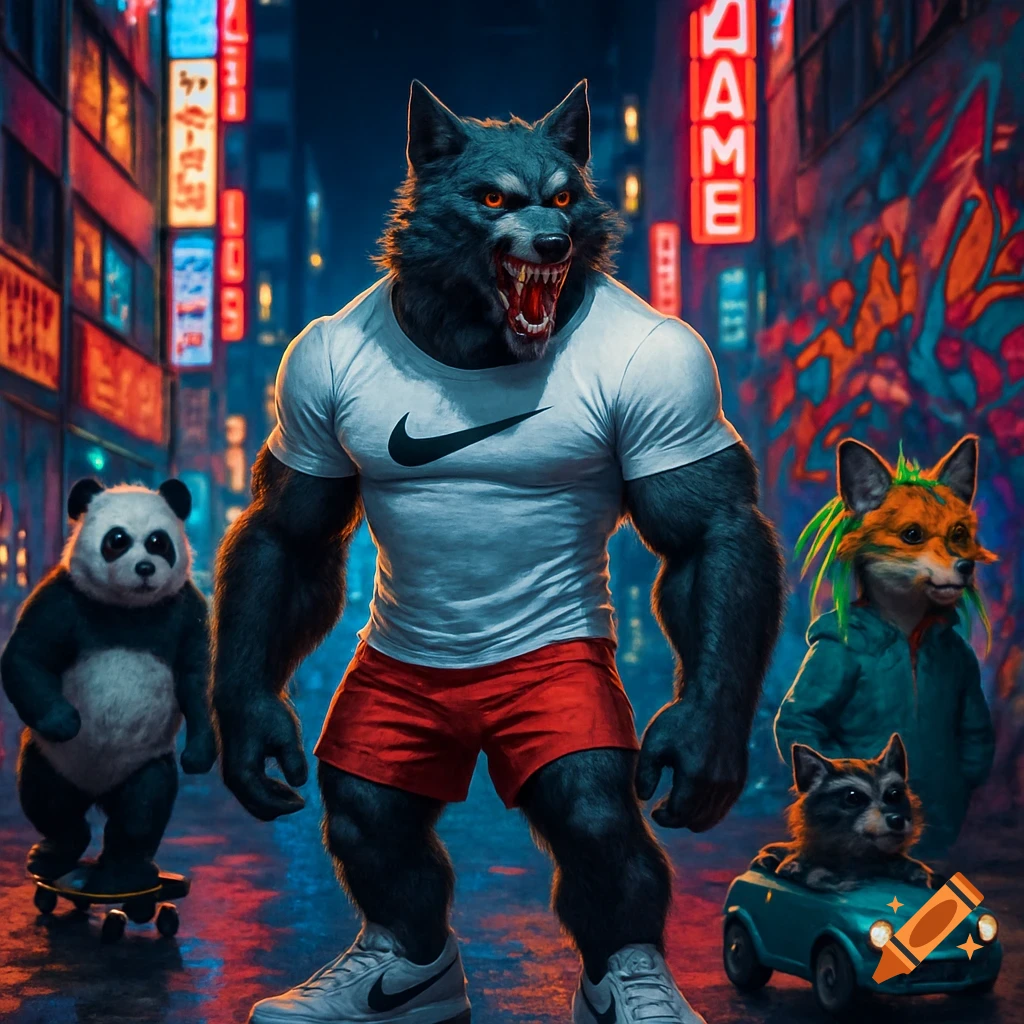 A muscular wolf-man wearing a Nike t-shirt, red shorts, and white sneakers stands on a neon-lit Tokyo street. A panda on a skateboard, a fox with neon dreadlocks, and a raccoon in a mini car are nearby. Urban graffiti is on the wall.