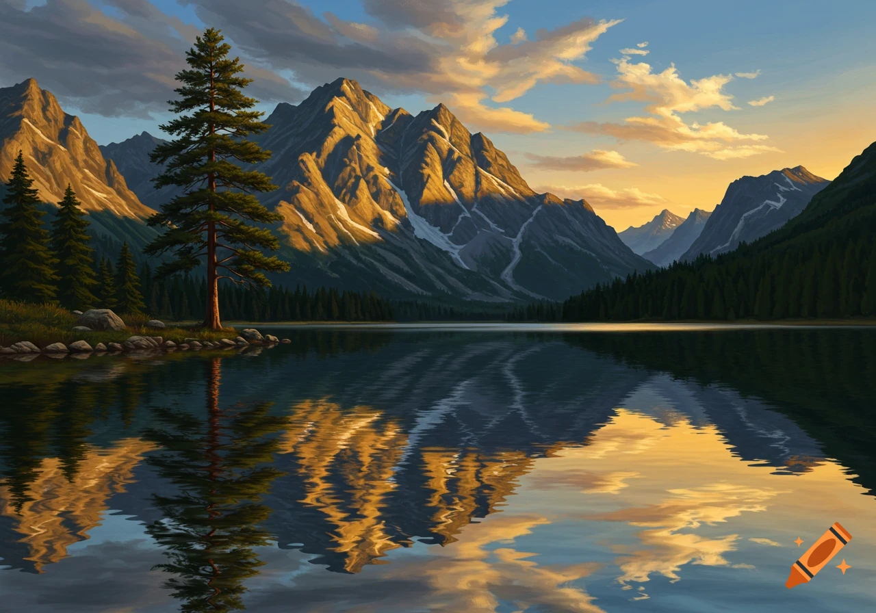 A majestic mountain landscape with a golden sunset reflected in a still lake, framed by pine trees.