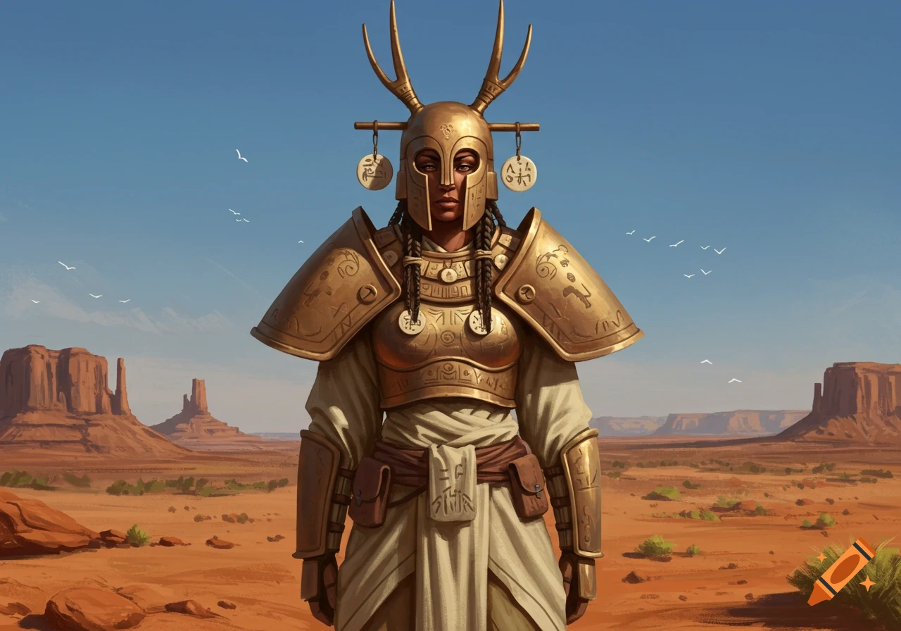 A female warrior in golden antlered armor with braided hair stands in a vast desert with mesa formations under a clear sky.