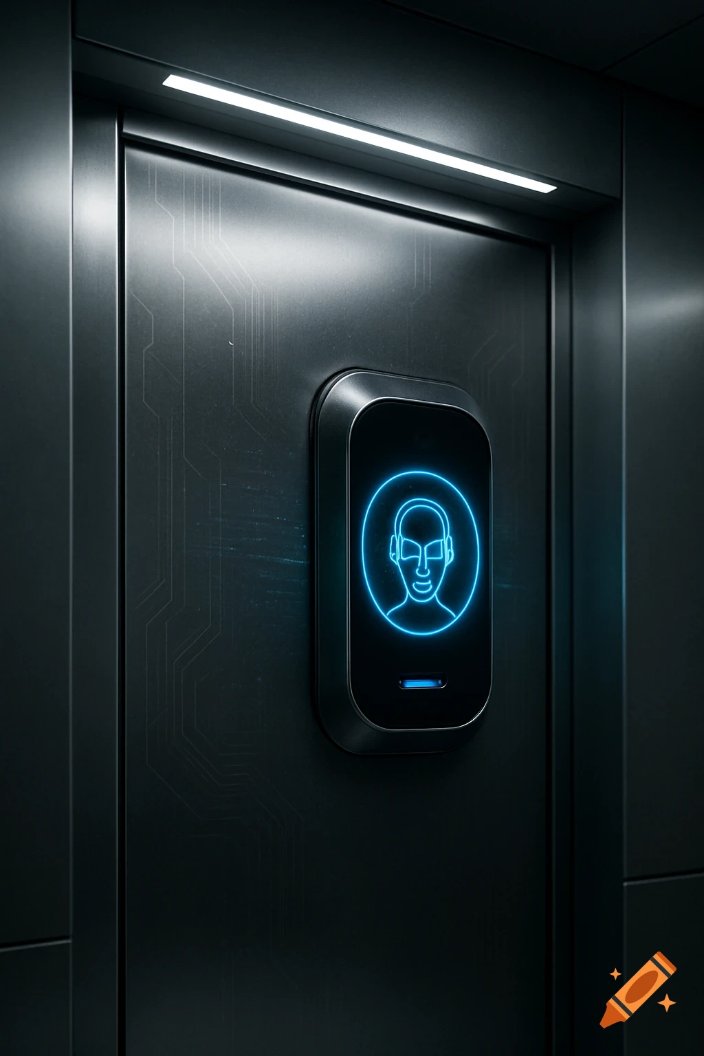 Sleek, dark security door with a glowing blue facial recognition scanner icon.