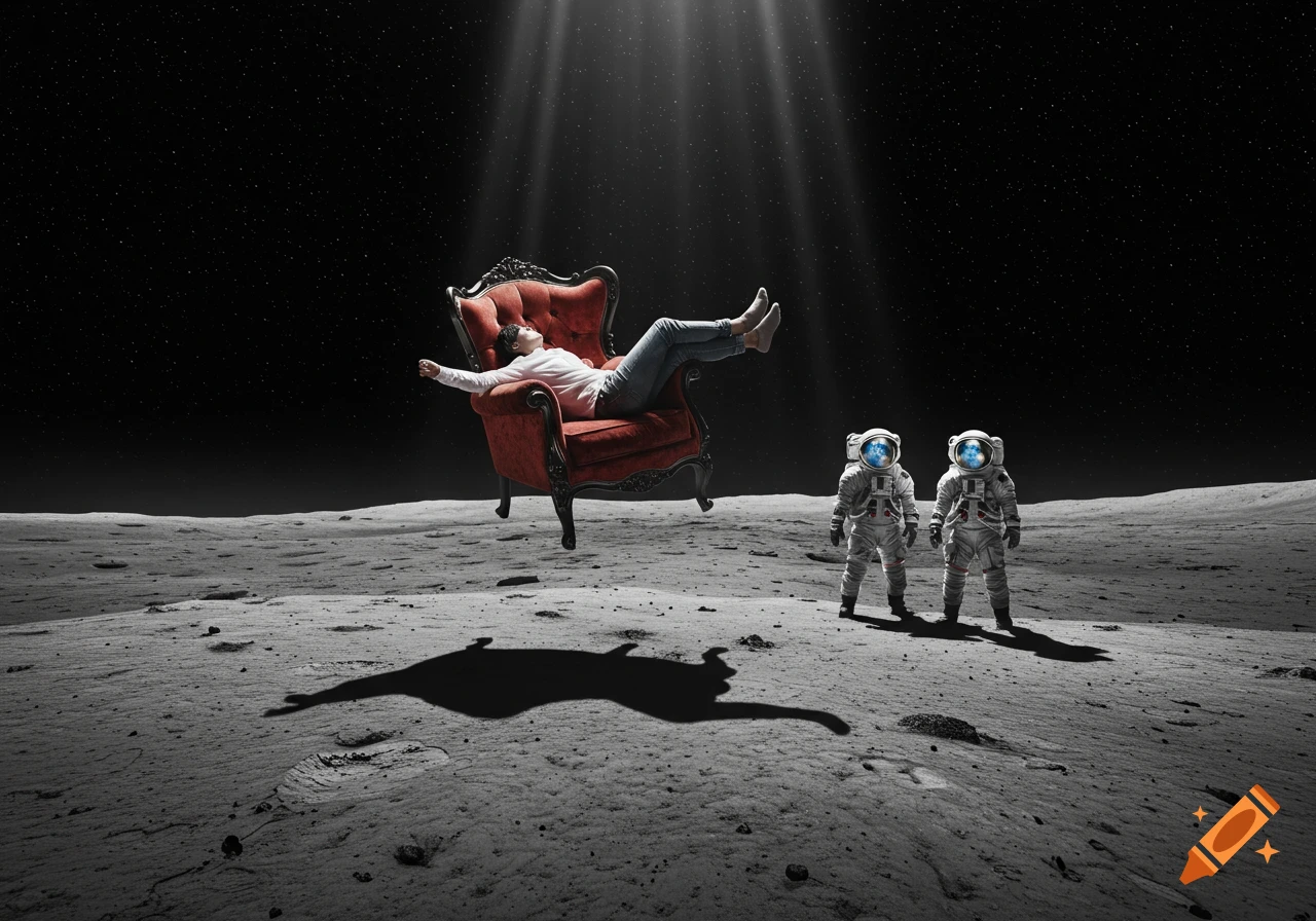 A person in a red armchair floats above the moon's surface under light rays, while two astronauts stand below.