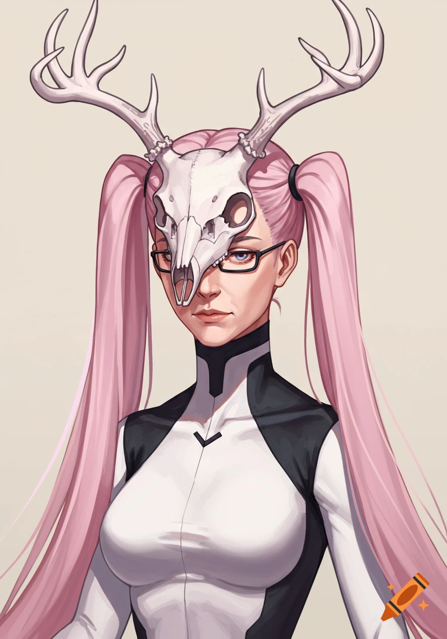 Anime-style portrait of a woman with pink twin ponytails, glasses, a white and black uniform, and a deer skull mask with antlers.