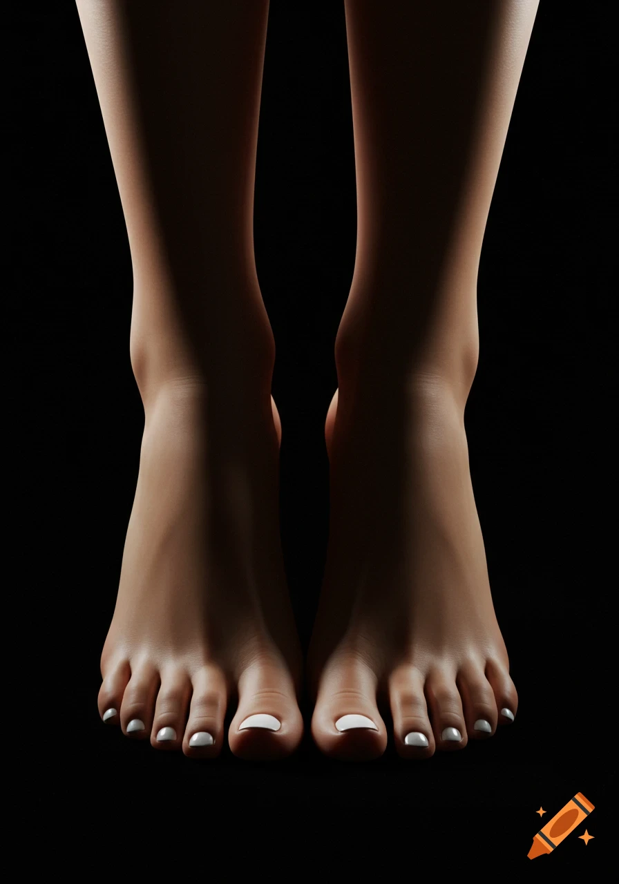 A close-up, photorealistic shot of a pair of female feet with white toenails, illuminated against a dark background.