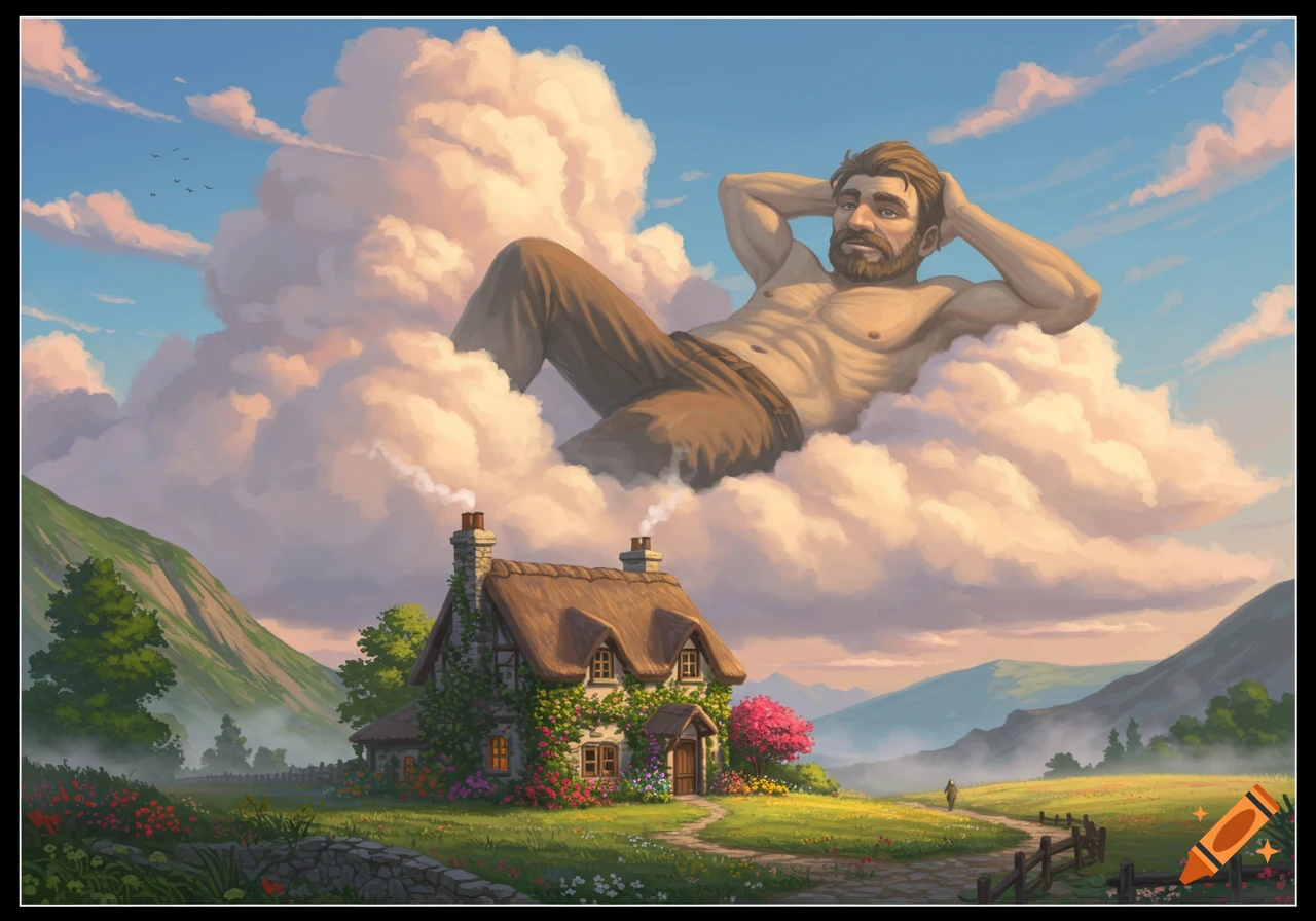 A giant, bearded man reclines on fluffy clouds above a quaint, flower-covered cottage in a serene green valley, illustrated.