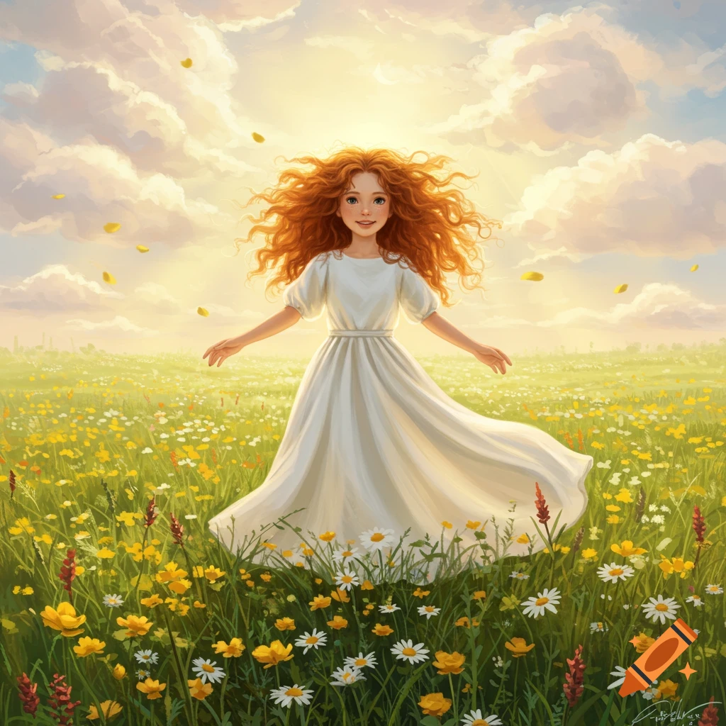 A smiling girl with long curly red hair in a white dress stands in a sunny field of yellow and white wildflowers with petals falling.