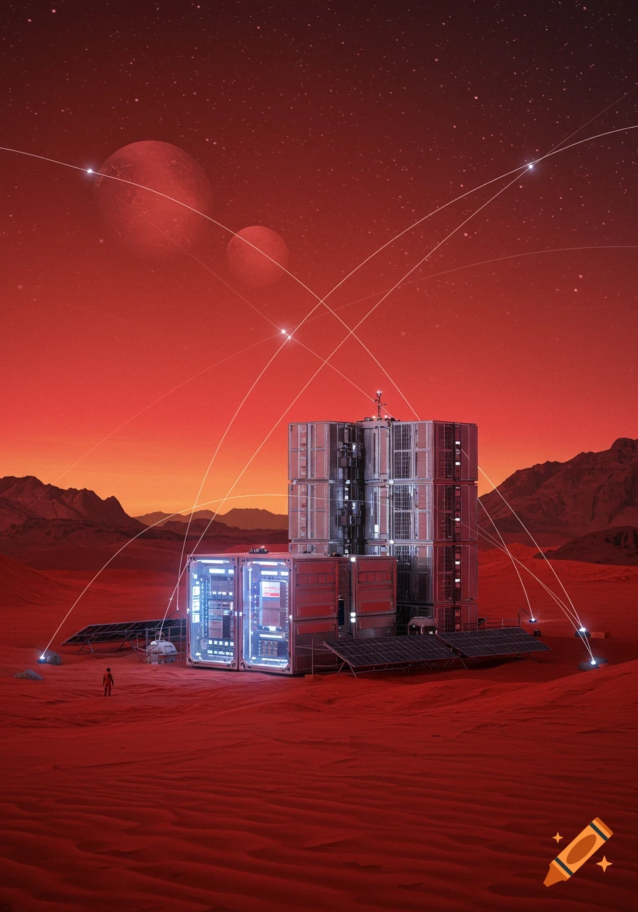 A futuristic modular base with communication beams and solar panels on a red Martian landscape under a starry sky with distant planets.