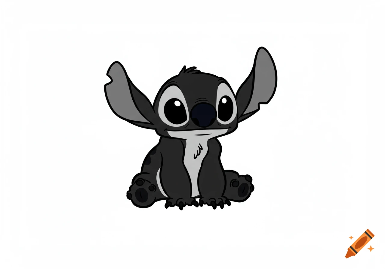 A black and white cartoon illustration of Stitch, the Disney character, sitting and looking forward.