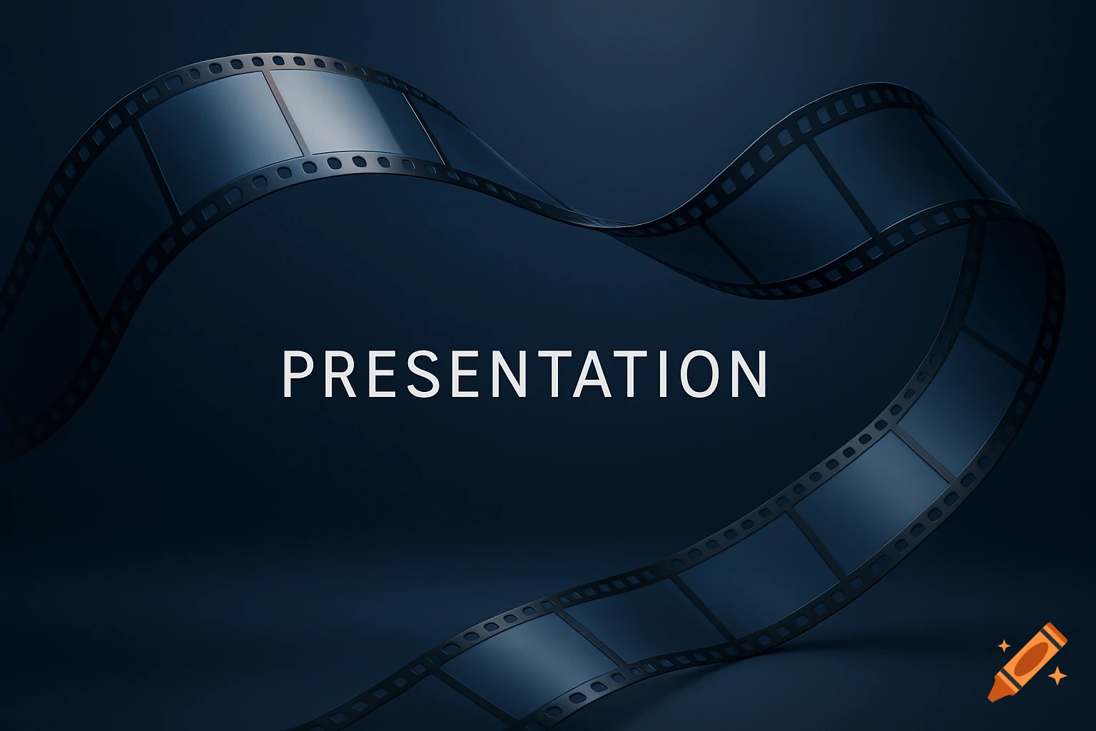 Dark blue background with winding film strips framing the word PRESENTATION in the center.