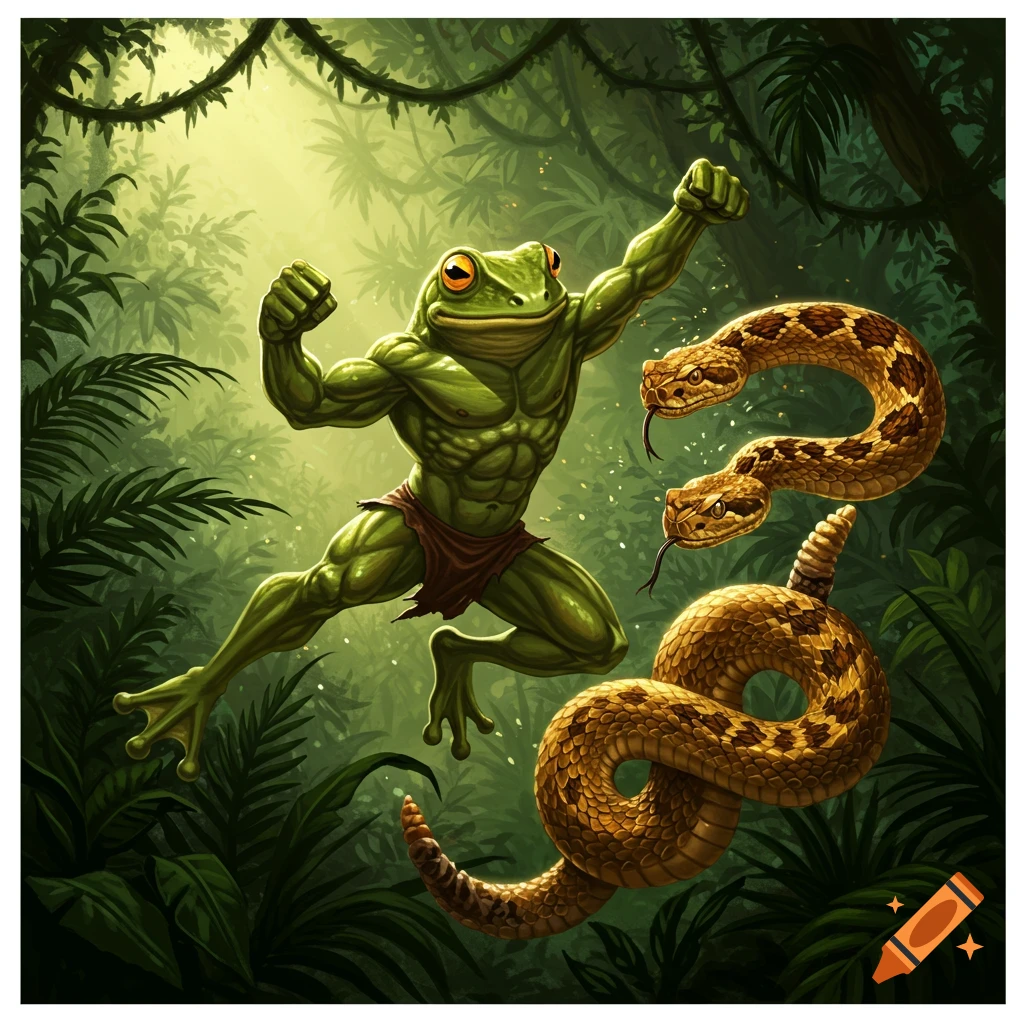 A muscular green frog leaps, fist raised, towards a two-headed brown rattlesnake in a lush jungle, in an illustrative style.