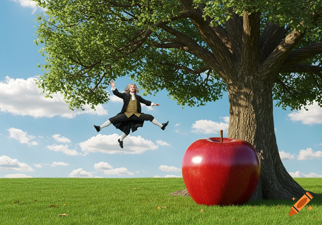 Isaac Newton jumps mid-air above a giant red apple in a green field under a large tree and blue sky.