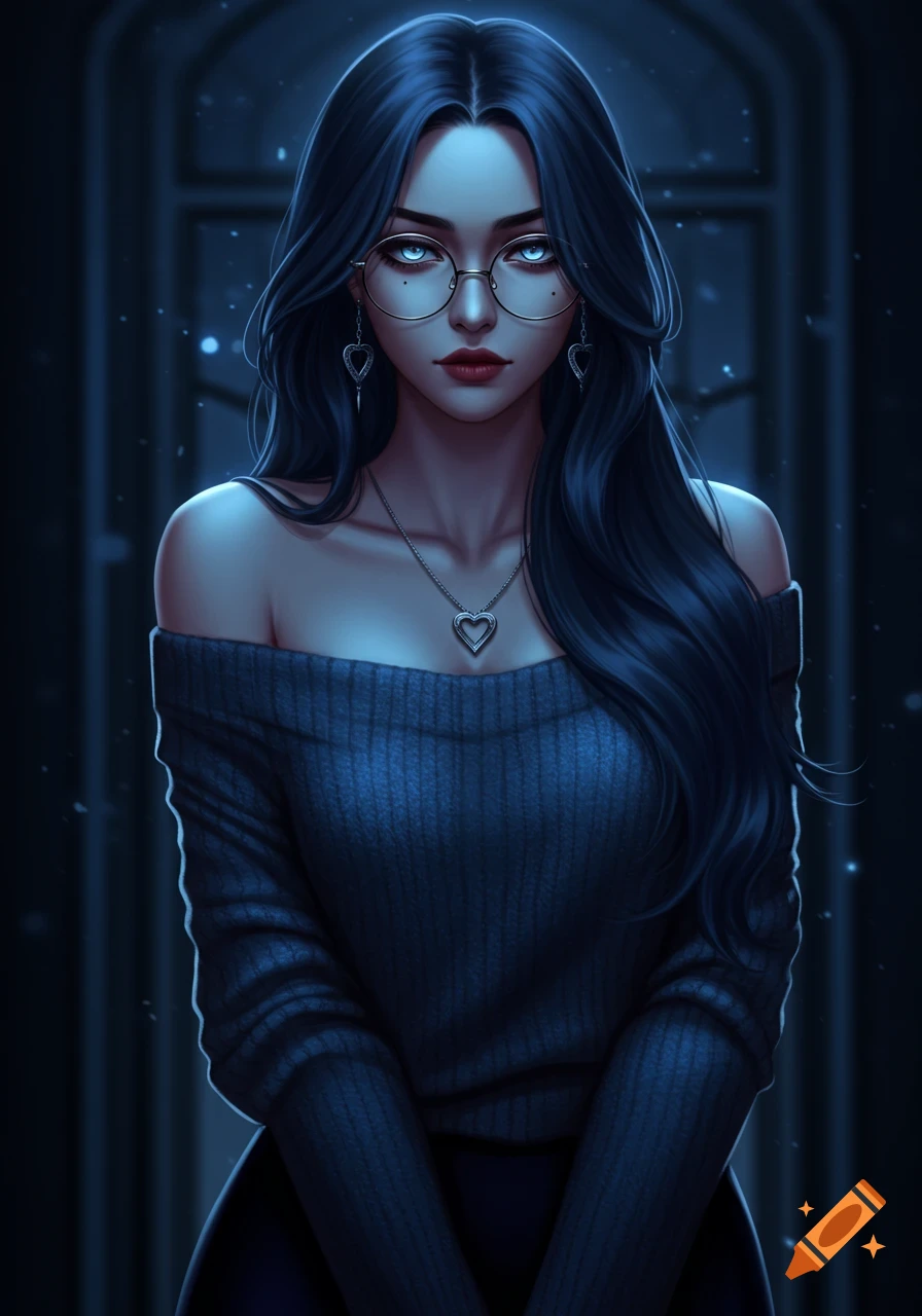 A stylized portrait of a woman with long dark hair, glowing blue eyes, and silver glasses, wearing an off-shoulder blue sweater.