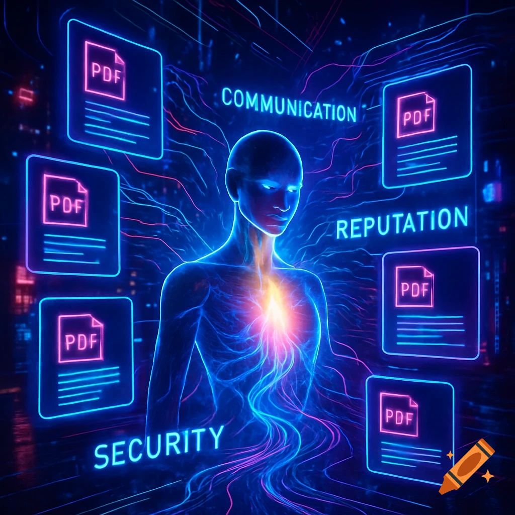 A glowing blue human figure amidst neon lines, floating PDF icons, and holographic text for communication, reputation, and security in a dark, high-tech, cyberpunk setting.