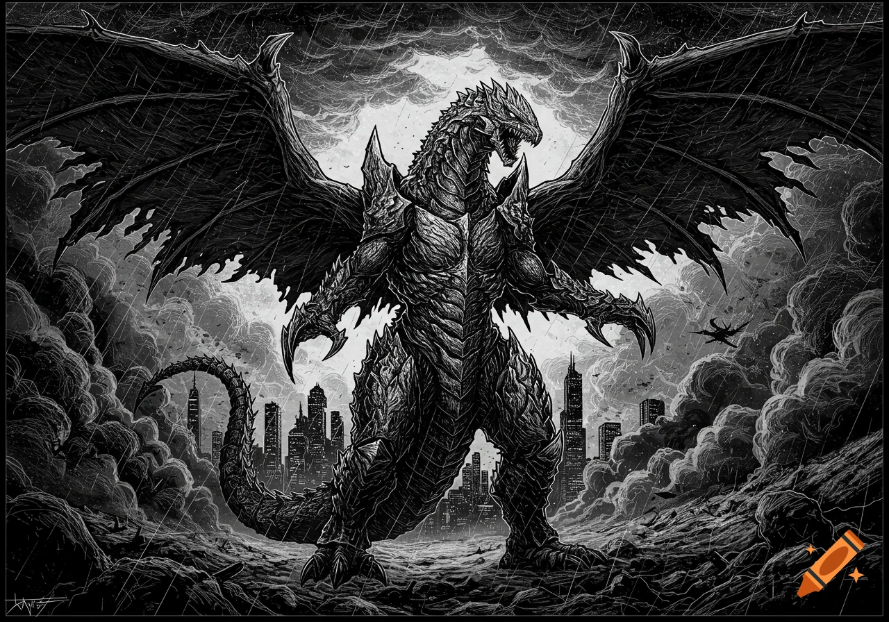A giant, winged monster with sharp claws and armor stands over a city skyline in a monochrome, stormy scene.