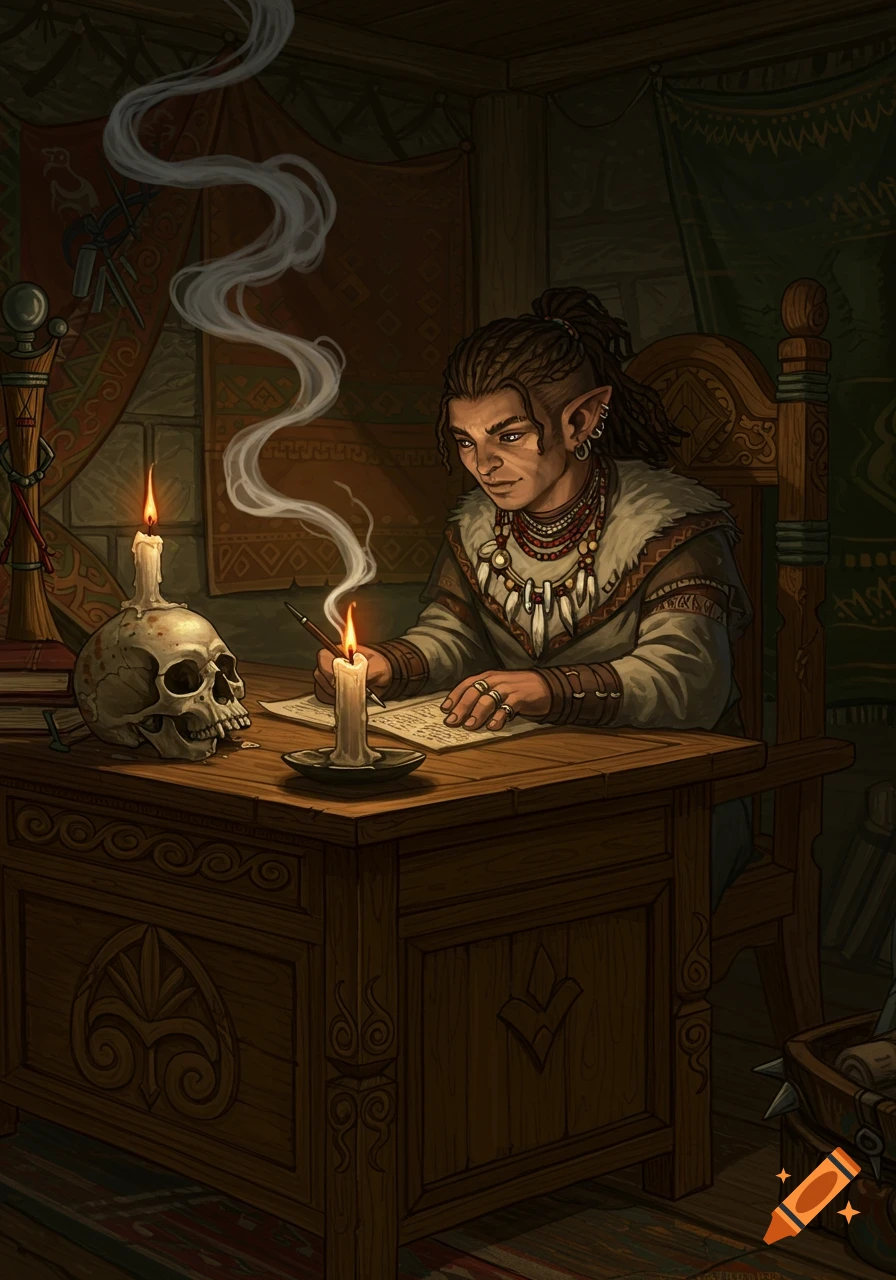 A fantasy illustration of an elf-like person with dreadlocks and tribal attire writing at a wooden desk by candlelight. A skull with a candle on it sits nearby.
