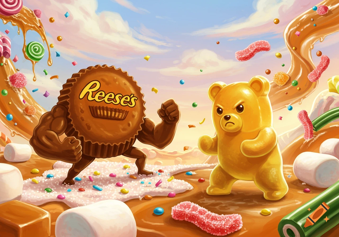 A muscular Reese's peanut butter cup character fights an angry gummy bear in a colorful candy landscape.